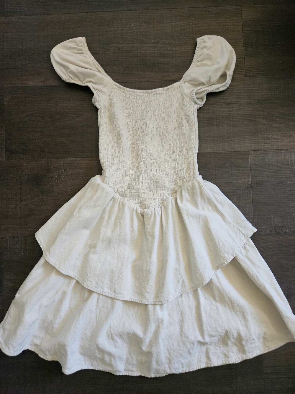 H&M Divided Tiered Smocked Mini Dress Linen Blend White Cream XS